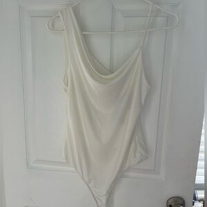 NWT white asymmetrical bodysuit super soft with double lined top and cowl neck